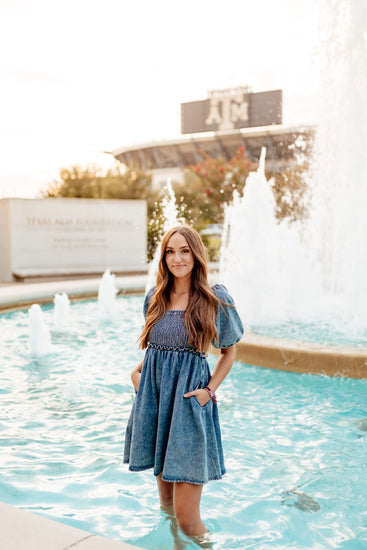 smocked denim dress Ladies - Dark Denim Blue Smocked Denim Dress - Size: XS