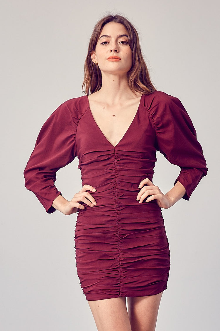 Maroon Ruched Long Sleeve Dress