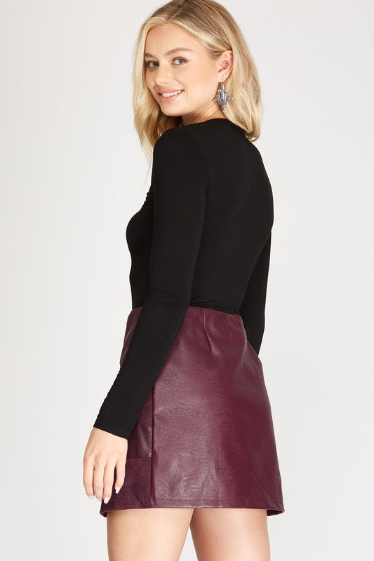 Suede and Faux Leather Zip Up Skirt