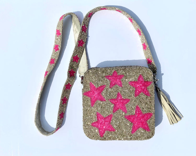 Fuchsia Stars Beaded Crossbody Bag