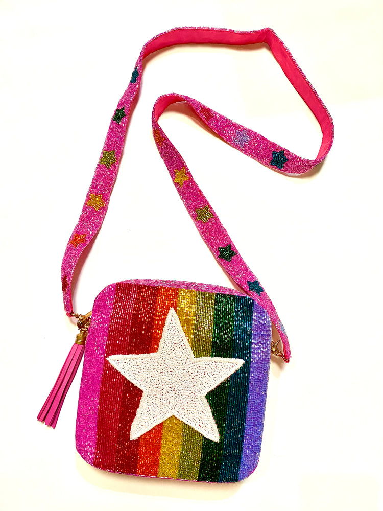 Rainbow Striped Star Beaded Crossbody Bag