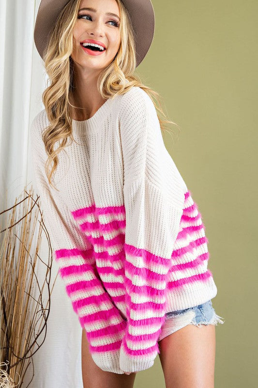 White and Pink Fuzzy Striped Sweater