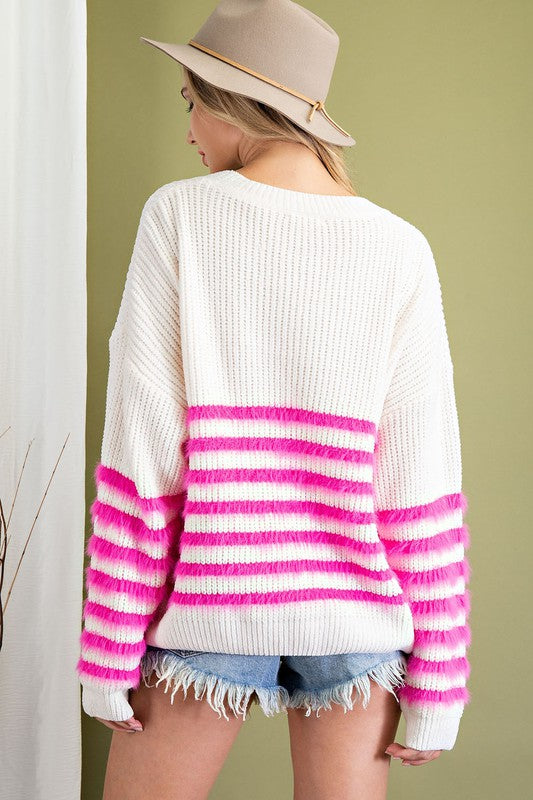 White and Pink Fuzzy Striped Sweater